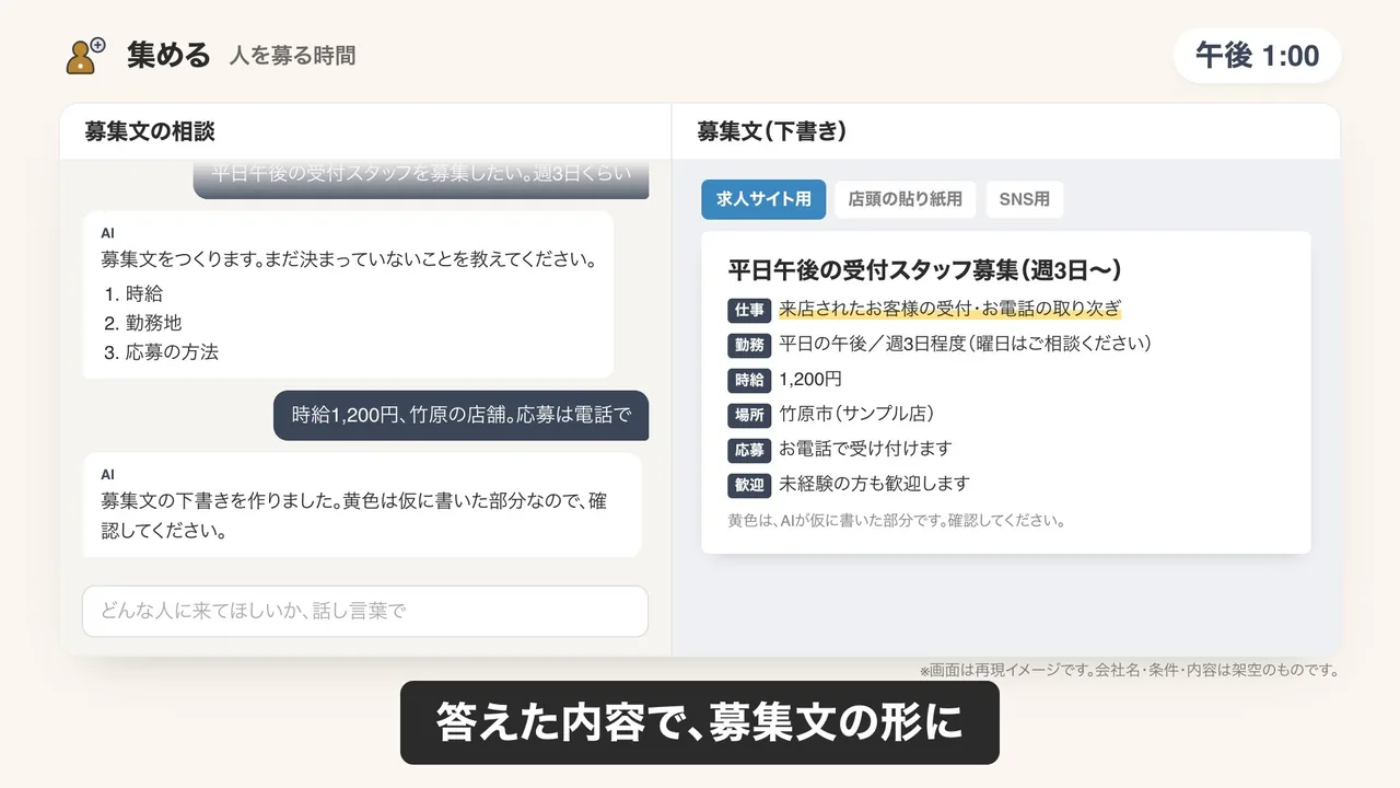 募集文づくりのデモ画面（再現イメージ）