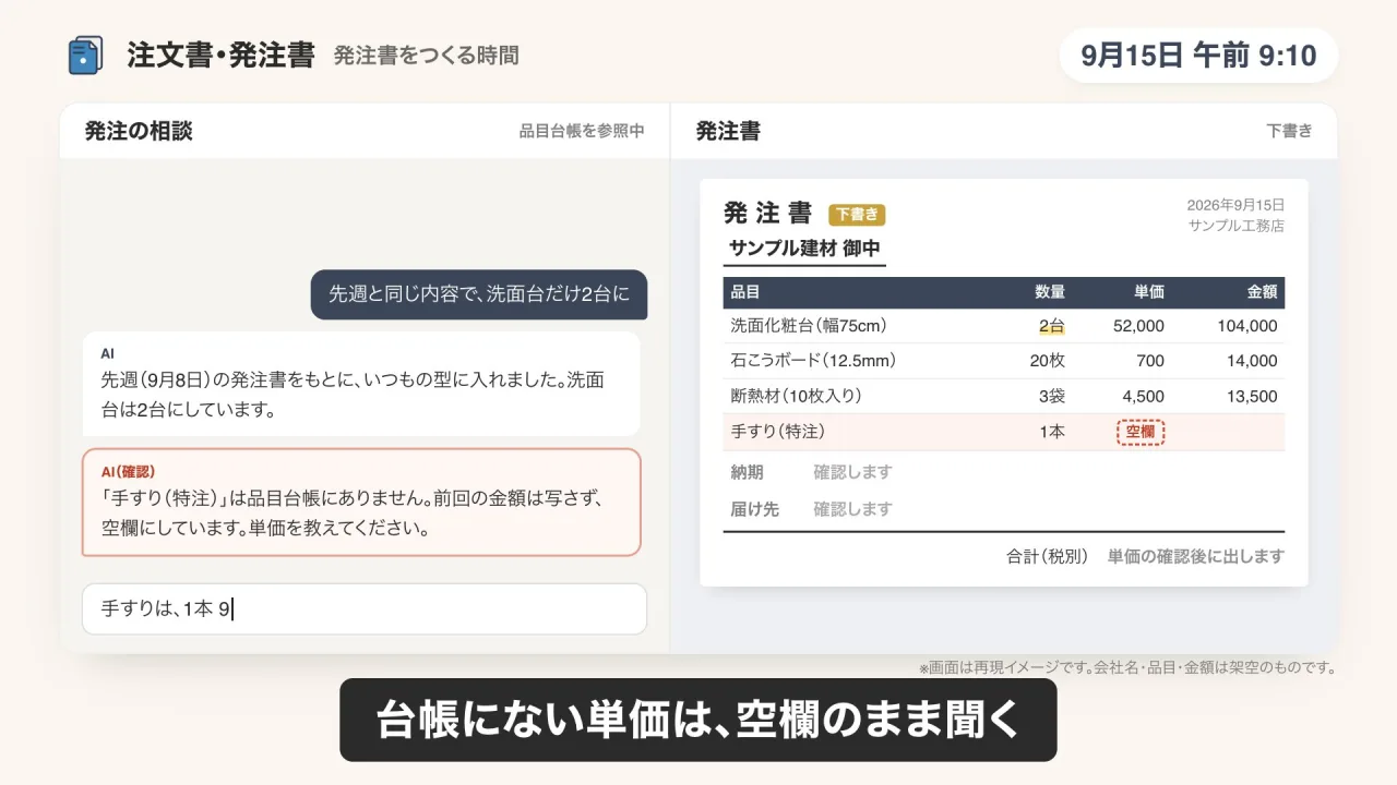 発注書づくりのデモ画面（再現イメージ）