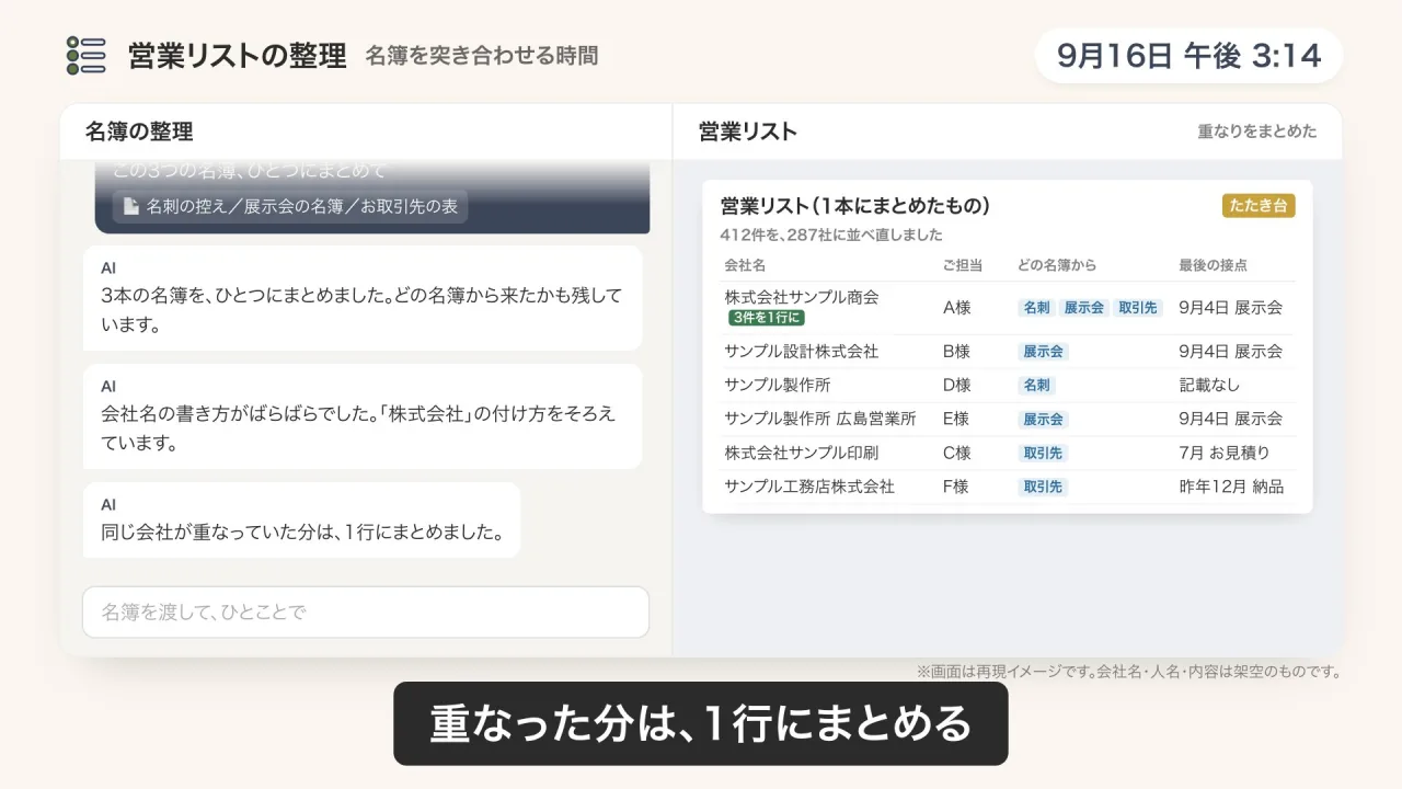 営業リストの整理のデモ画面（再現イメージ）