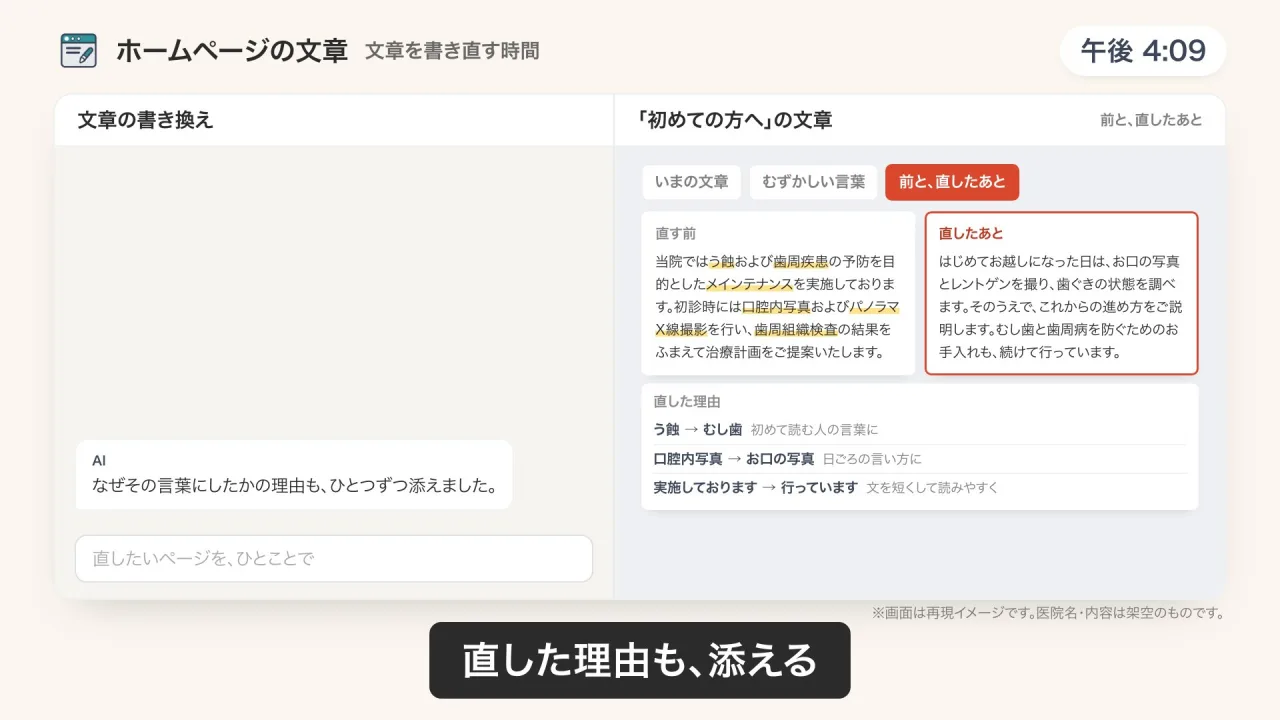 ホームページの文章の書き換えのデモ画面（再現イメージ）