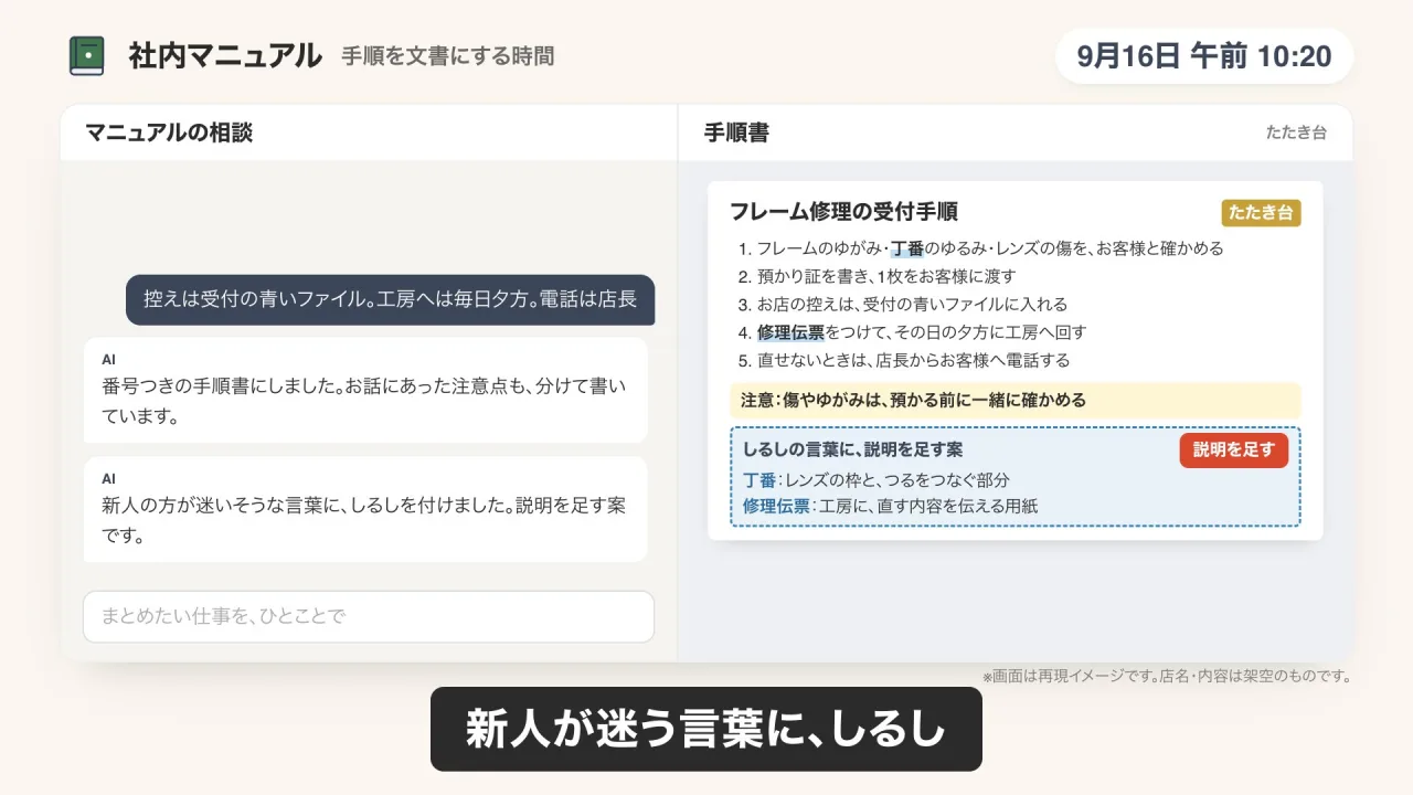 社内マニュアルづくりのデモ画面（再現イメージ）