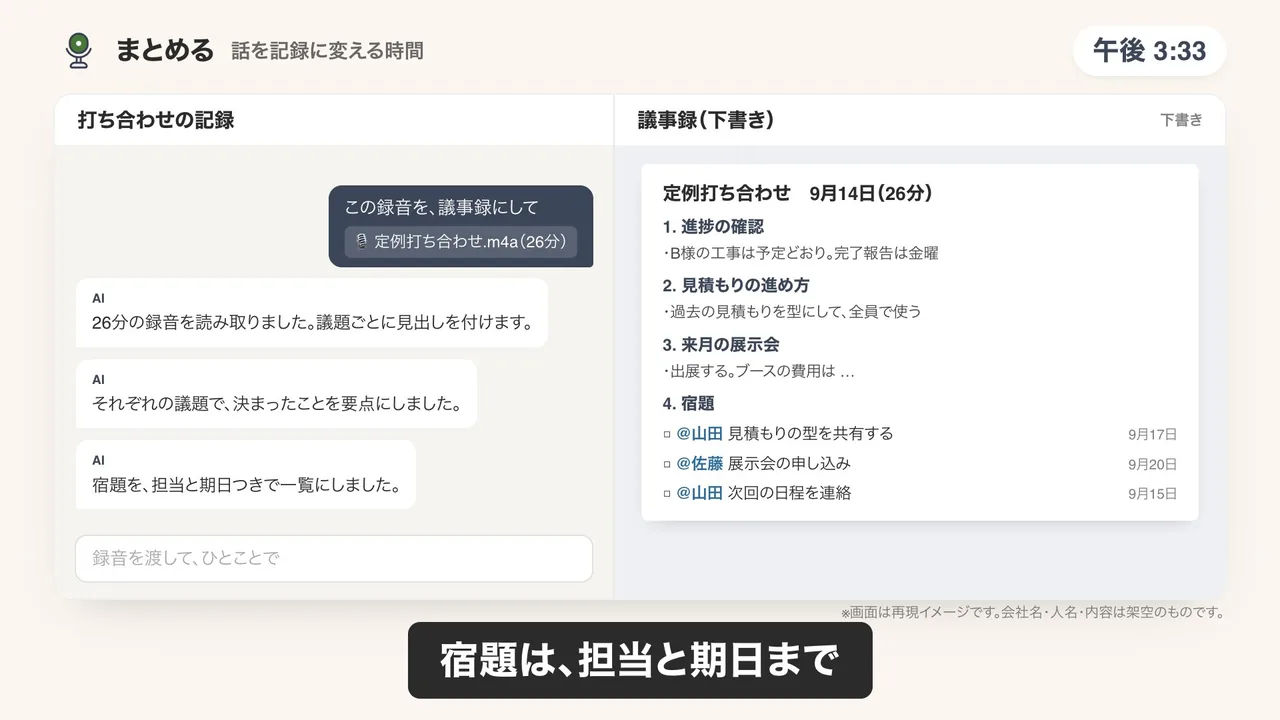 議事録づくりのデモ画面（再現イメージ）