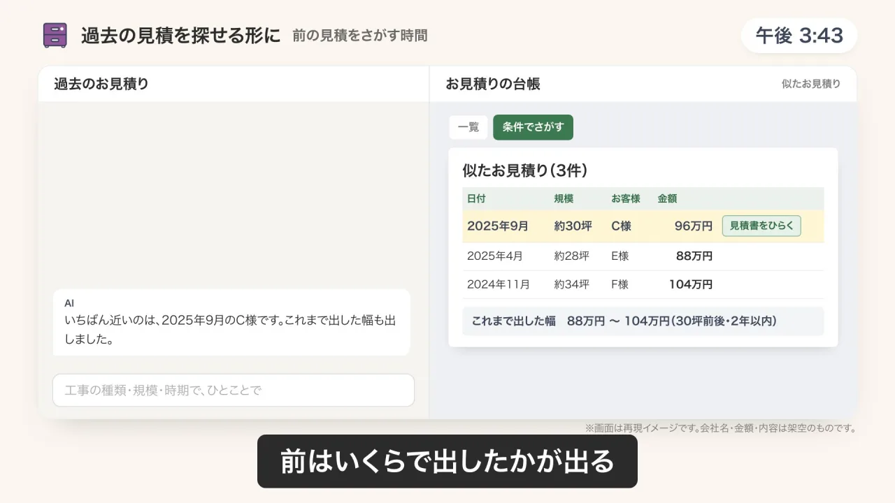 過去のお見積りの整理のデモ画面（再現イメージ）