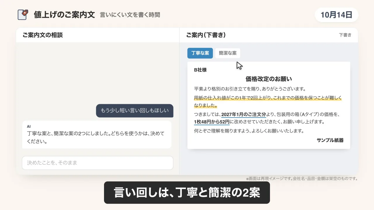 値上げのご案内文づくりのデモ画面（再現イメージ）