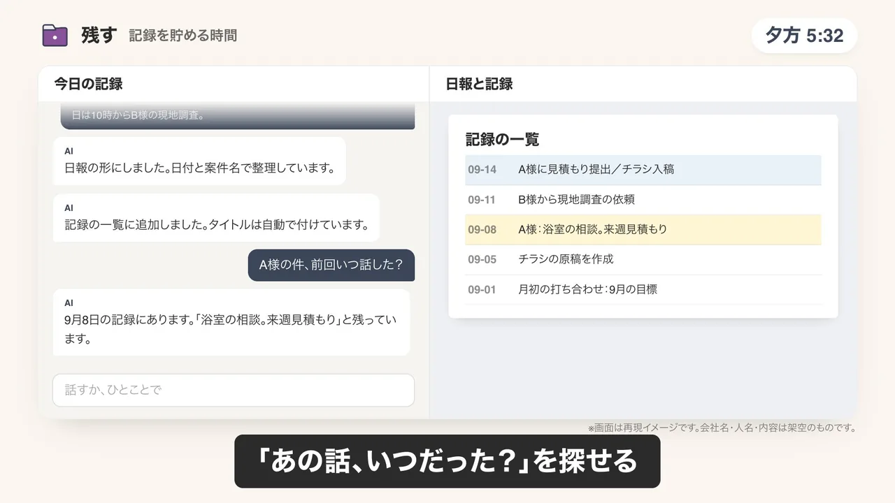 日報と記録づくりのデモ画面（再現イメージ）