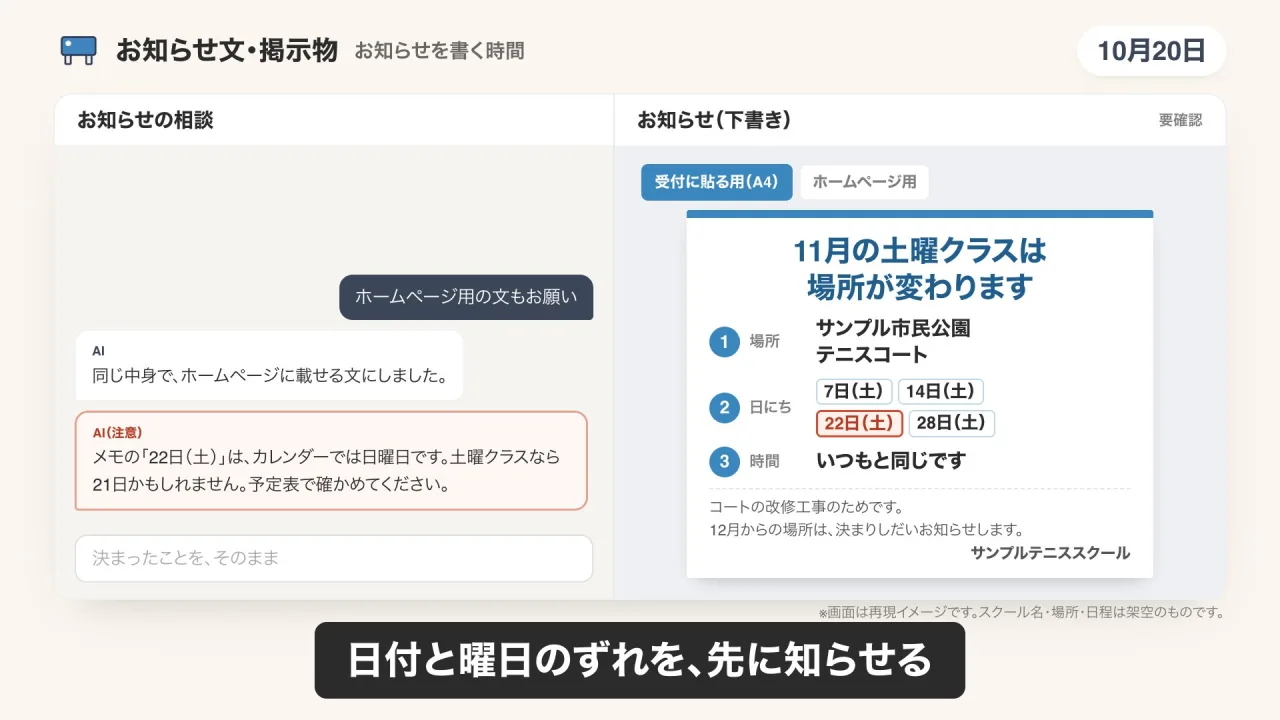 お知らせ文と掲示物づくりのデモ画面（再現イメージ）