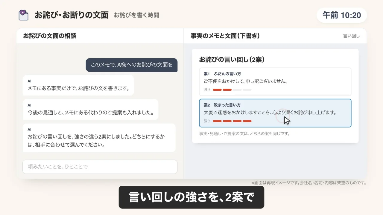 お詫びの文面づくりのデモ画面（再現イメージ）