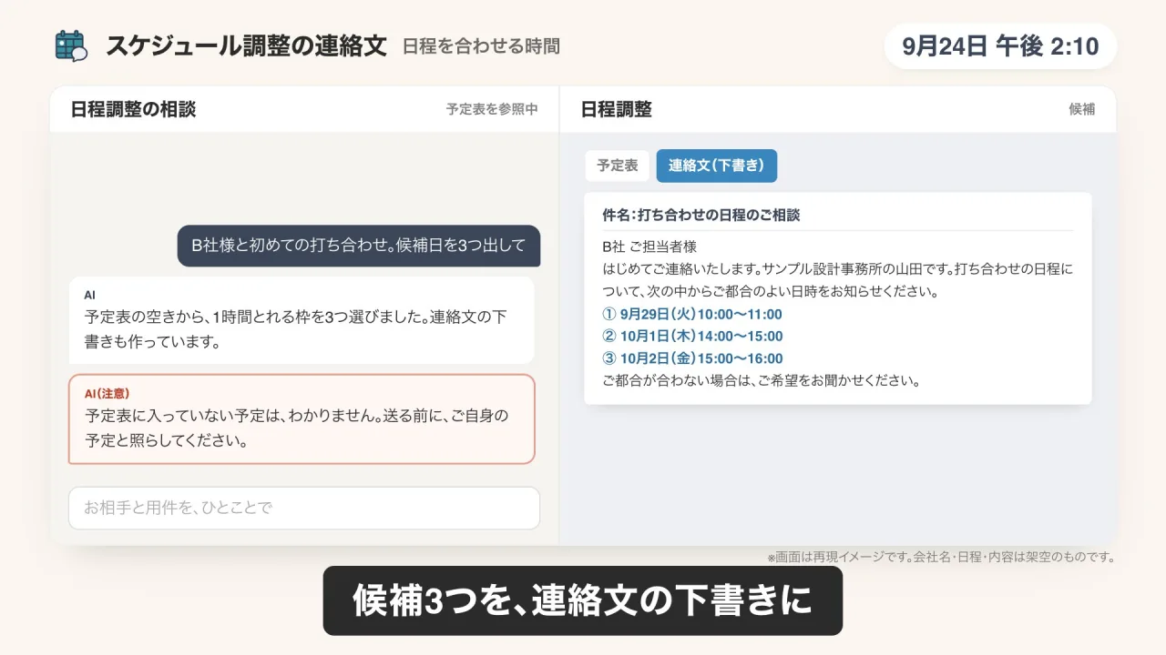 日程調整の連絡文のデモ画面（再現イメージ）