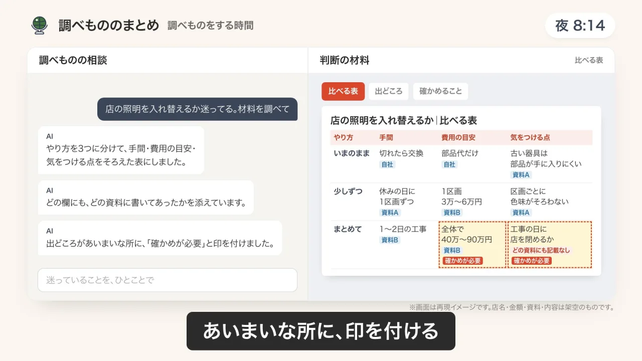調べもののまとめのデモ画面（再現イメージ）
