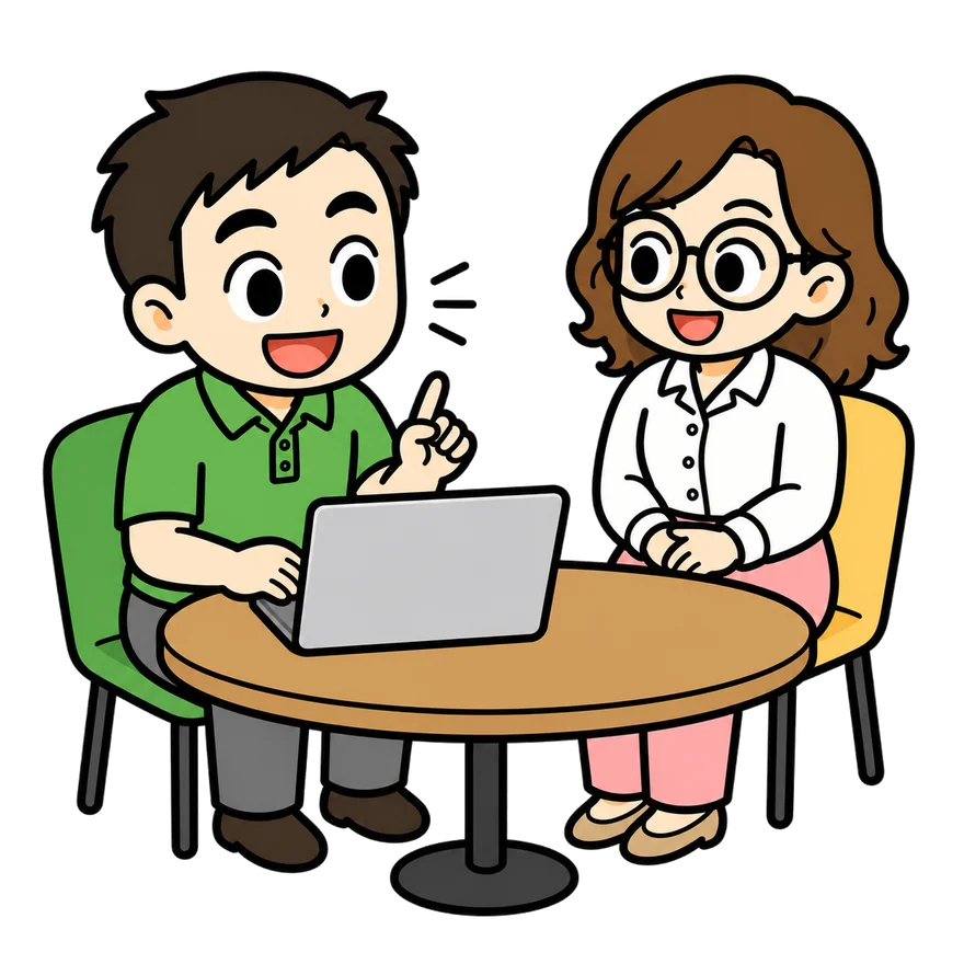 ノートパソコンに日本語で指示している場面のイラスト