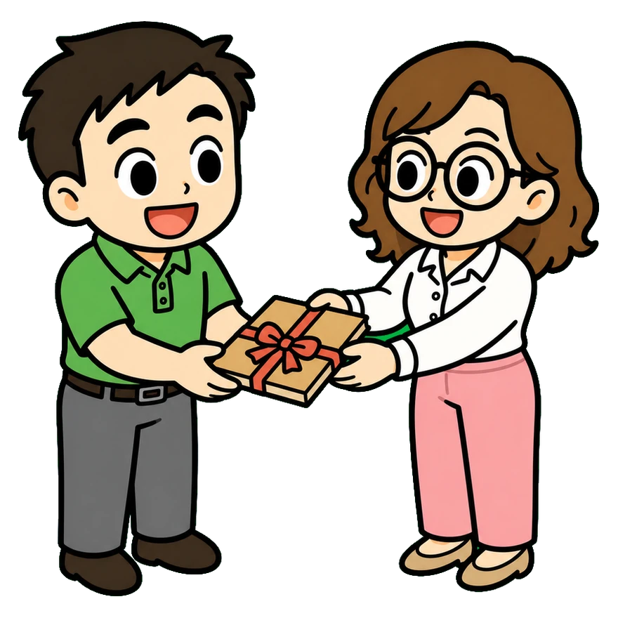 できあがった仕組みを手渡している場面のイラスト