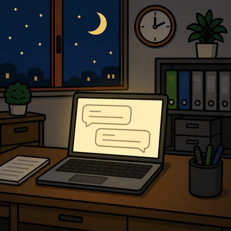 夜のオフィスで画面のAIがメッセージに応対する様子