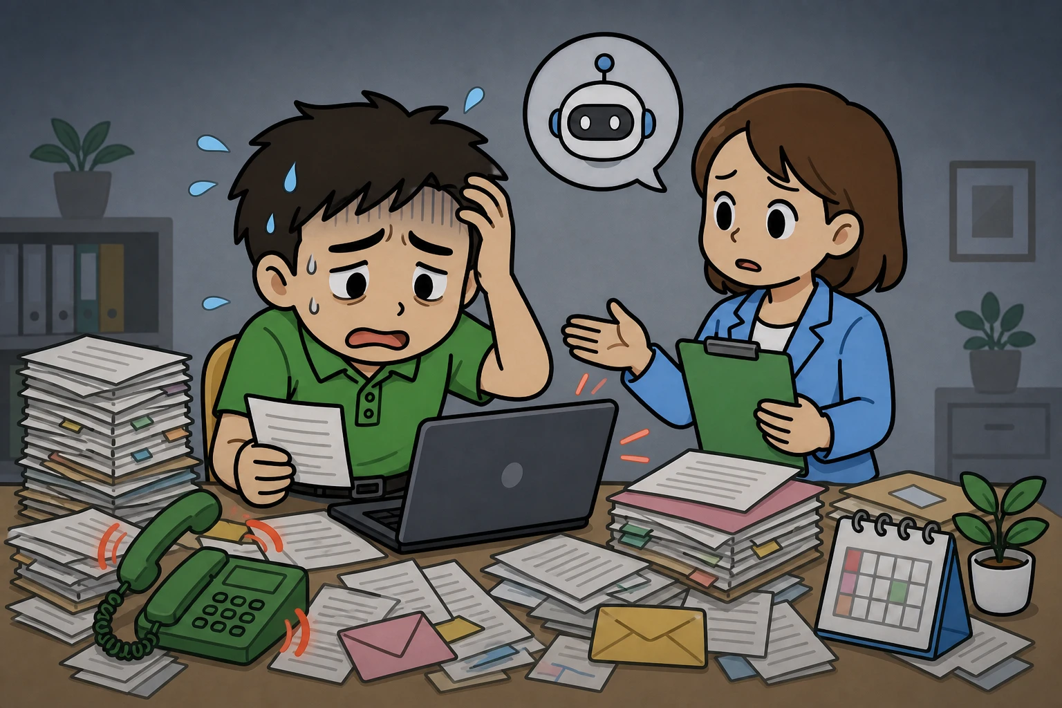 山積みの事務作業に追われて困っている経営者のイラスト